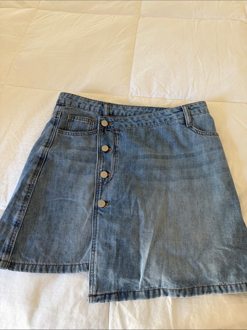 Classic Blue Denim Button-Front A-Line Skirt.